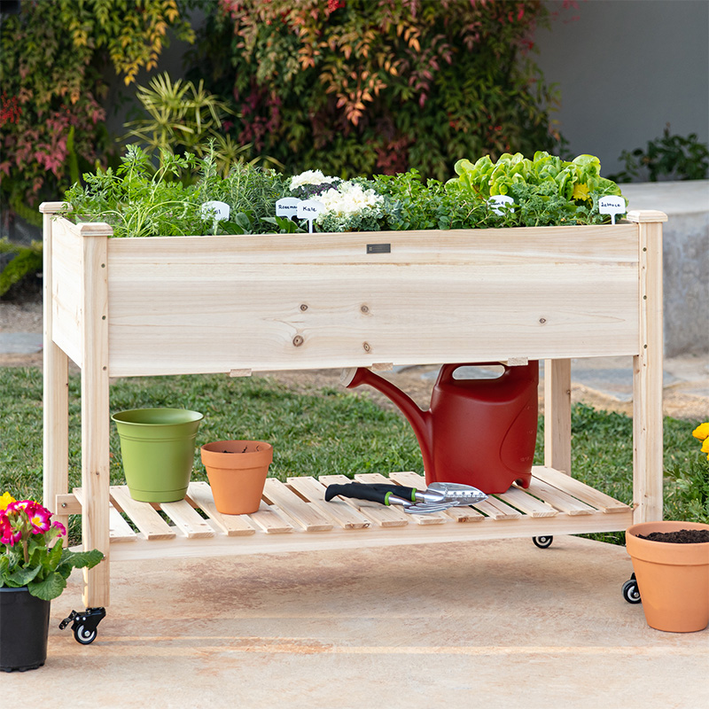 Raised Garden Bed 48x24x32in Mobile Elevated Wood Planter w/ Lockable Wheels, Storage Shelf, Liner Raised Garden Bed 48x24x32in Mobile Elevated Wood Planter w/ Lockable Wheels, Storage Shelf, Liner