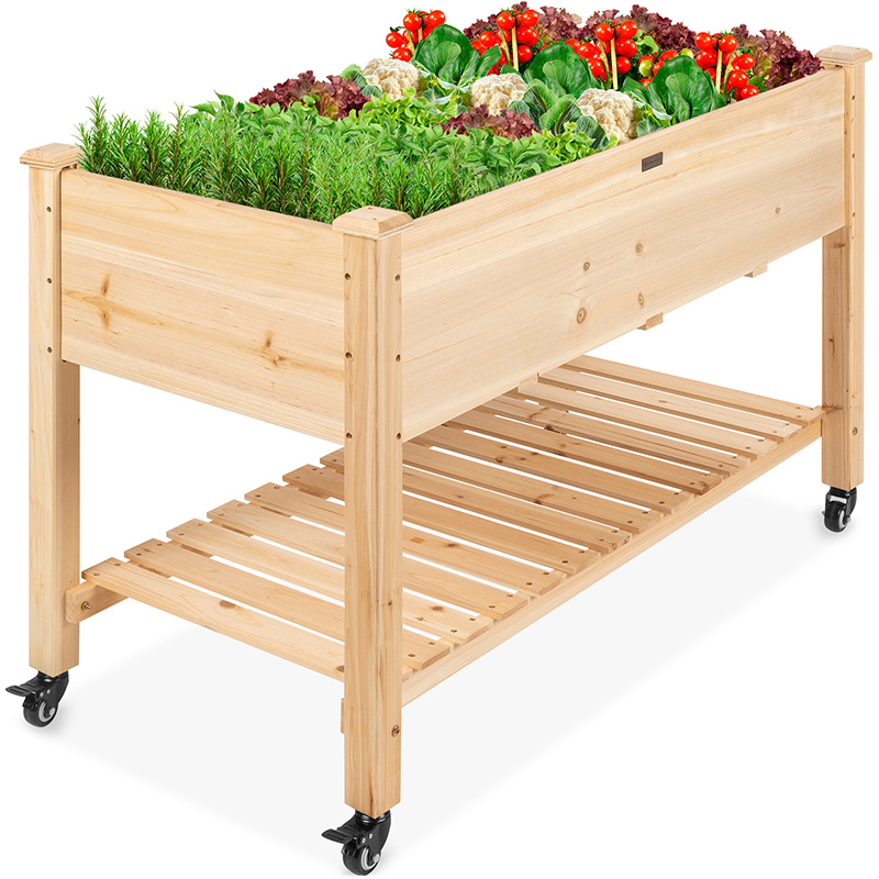 Raised Garden Bed 48x24x32in Mobile Elevated Wood Planter w/ Lockable Wheels, Storage Shelf, Liner Raised Garden Bed 48x24x32in Mobile Elevated Wood Planter w/ Lockable Wheels, Storage Shelf, Liner