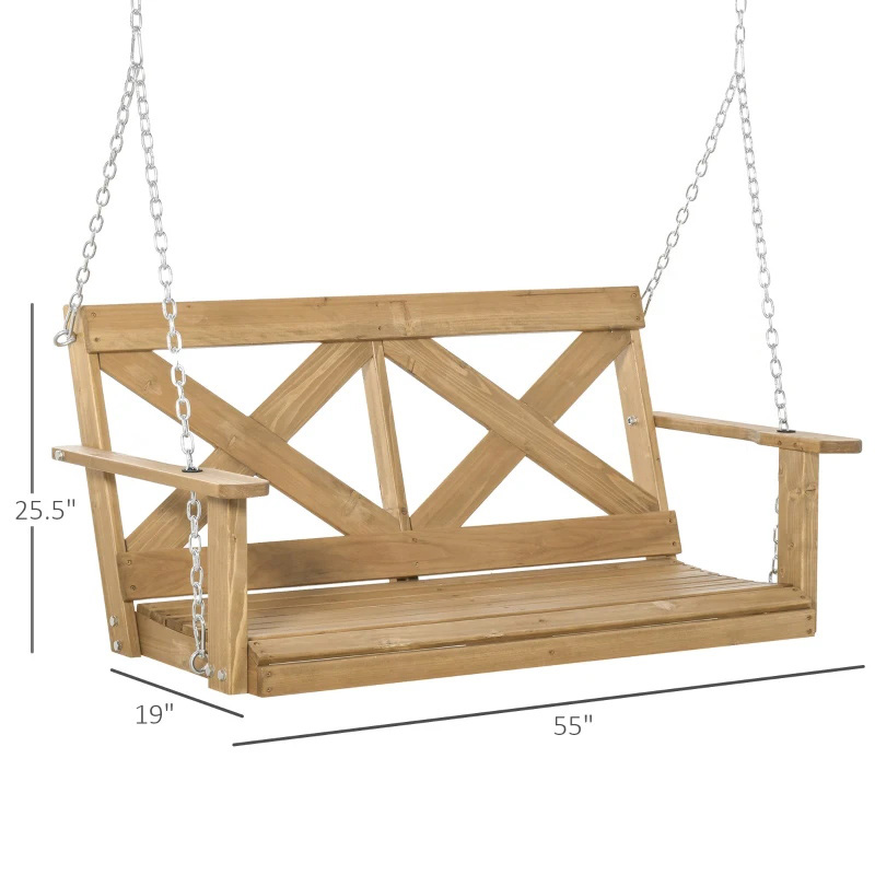 2-Person Wooden Porch Swing with Sturdy Steel Chains & Rustic X Shaped Design for the Outdoors - Natural