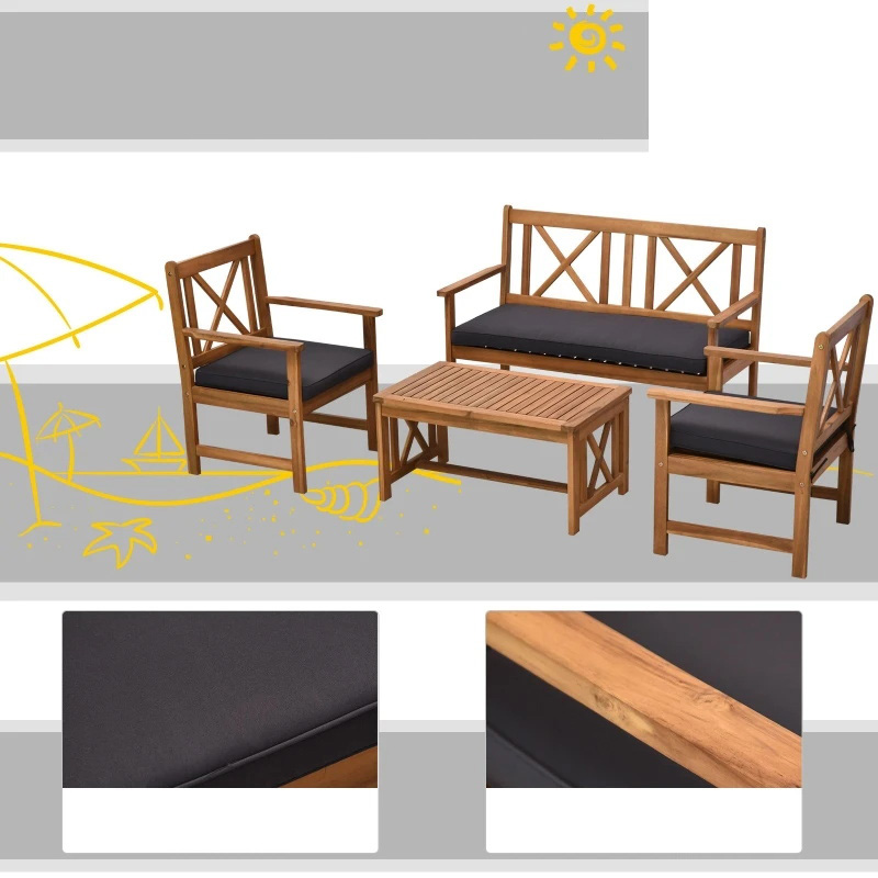 4 Piece Acacia Wood Outdoor Patio Furniture Set with 2 Armchairs, 1 Sofa, & 1 Coffee Table, Cushions Included