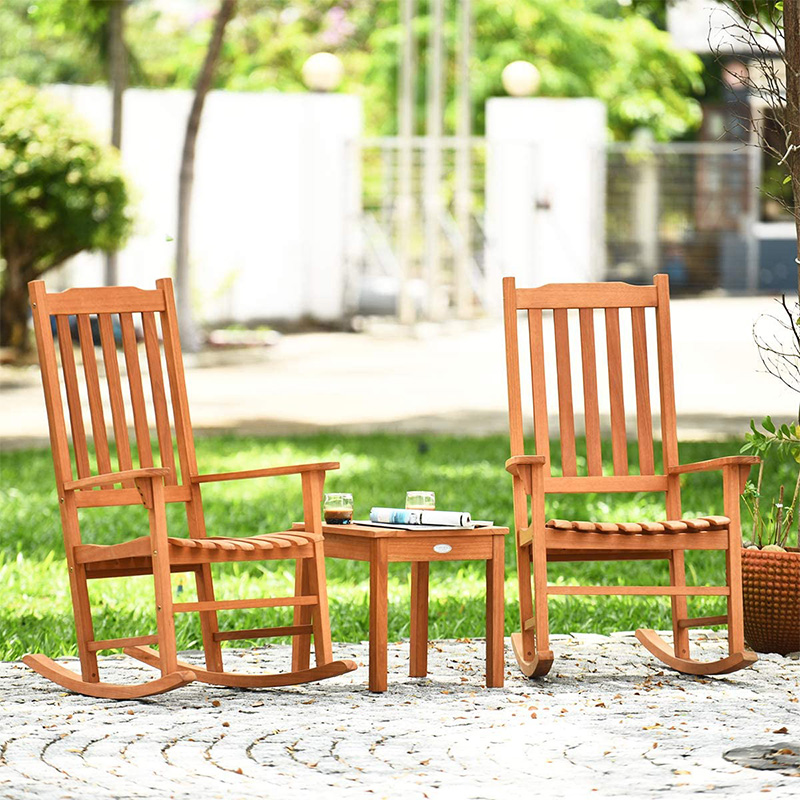 3 PCS Poplar Wood Rocking Chair Set W/ Coffee Table 2 Wood Conversation Chairs