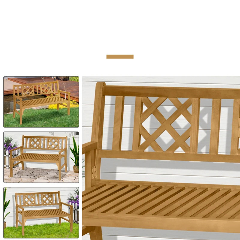 Outdoor Foldable Garden Bench, 2-Seater Patio Wooden Bench, Loveseat Chair with Backrest and Armrest for Patio, Porch or Balcony, Yellow