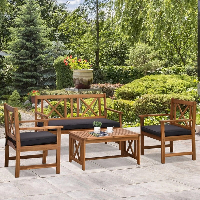 4 Piece Acacia Wood Outdoor Patio Furniture Set with 2 Armchairs, 1 Sofa, & 1 Coffee Table, Cushions Included