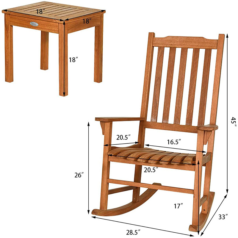 3 PCS Poplar Wood Rocking Chair Set W/ Coffee Table 2 Wood Conversation Chairs