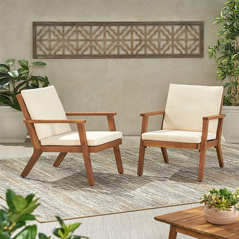 Outdoor Solid Wood Club Chairs with Cushions (Set of 2), Brown Patina Finish, Cream