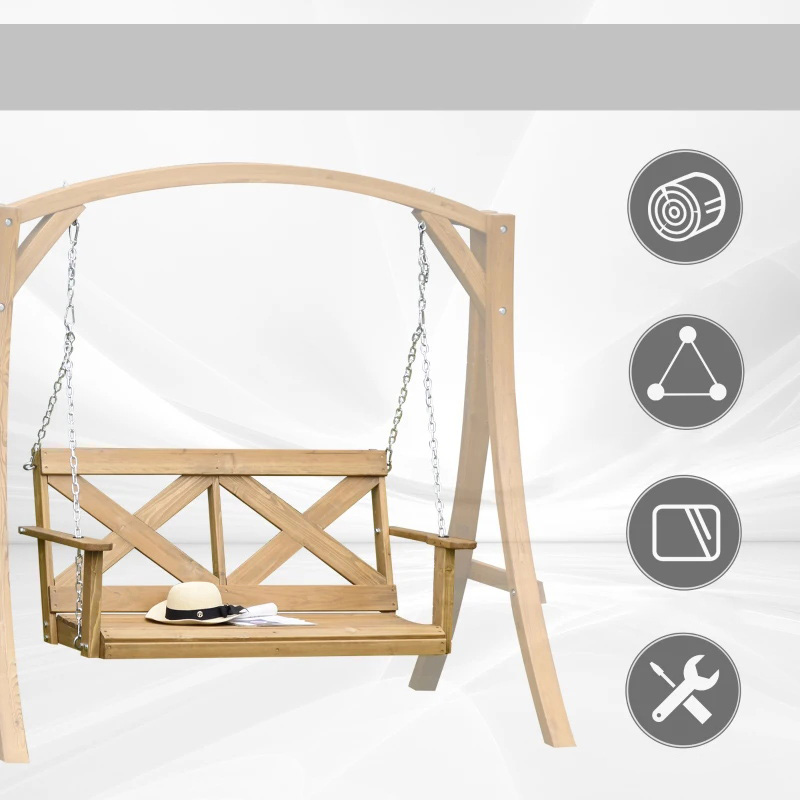 2-Person Wooden Porch Swing with Sturdy Steel Chains & Rustic X Shaped Design for the Outdoors - Natural