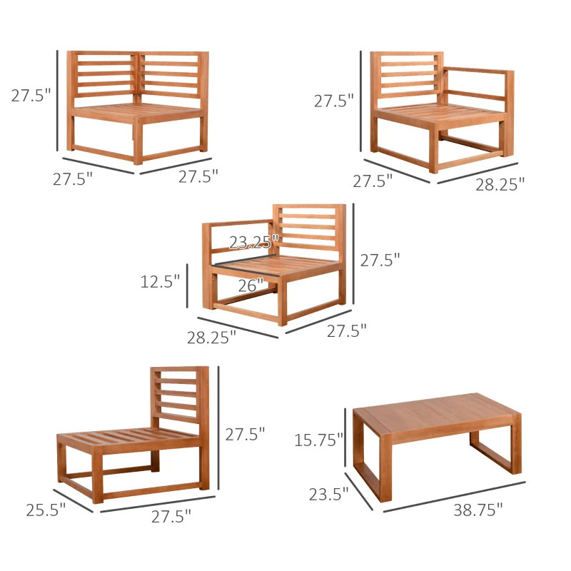 5 Seater L Shaped Patio Furniture Set, Wood Outdoor Sectional Sofa Conversation Set with Coffee Table and Cushions for Garden, Backyard, Porch and Poolside, Grey