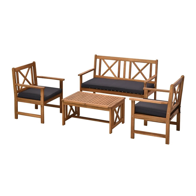 4 Piece Acacia Wood Outdoor Patio Furniture Set with 2 Armchairs, 1 Sofa, & 1 Coffee Table, Cushions Included