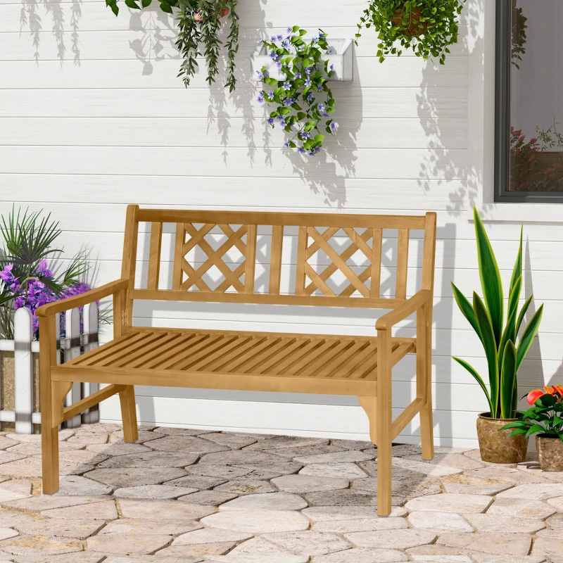 Outdoor Foldable Garden Bench, 2-Seater Patio Wooden Bench, Loveseat Chair with Backrest and Armrest for Patio, Porch or Balcony, Yellow