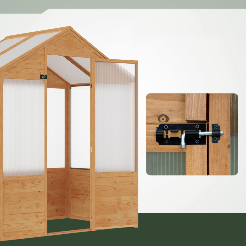 6' x 4' x 7' Wooden Greenhouse, Walk-in Green House, Outdoor Polycarbonate Greenhouse with Door, Natural