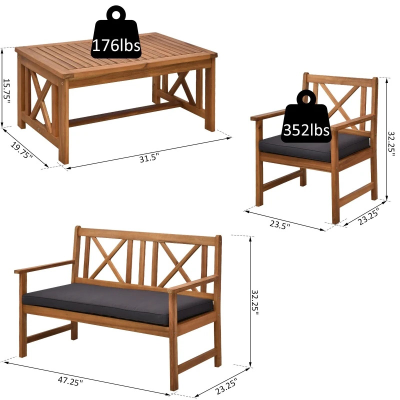 4 Piece Acacia Wood Outdoor Patio Furniture Set with 2 Armchairs, 1 Sofa, & 1 Coffee Table, Cushions Included