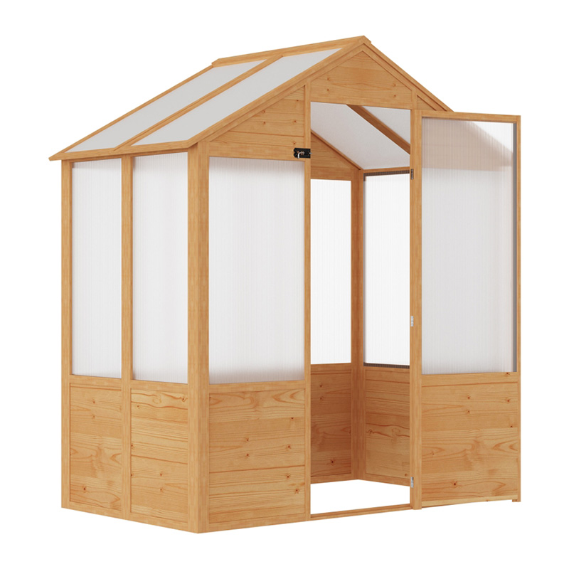 6' x 4' x 7' Wooden Greenhouse, Walk-in Green House, Outdoor Polycarbonate Greenhouse with Door, Natural