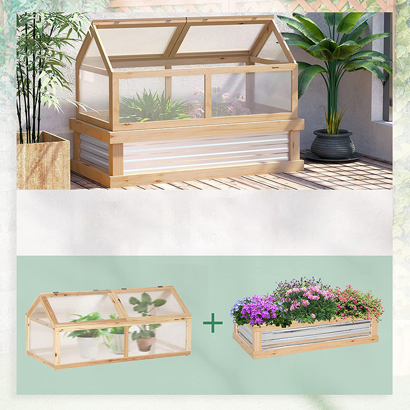 Raised Garden Flower Bed Kit w/ Greenhouse, Wooden Cold Frame Planter, Natural