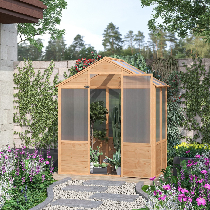 6' x 4' x 7' Wooden Greenhouse, Walk-in Green House, Outdoor Polycarbonate Greenhouse with Door, Natural