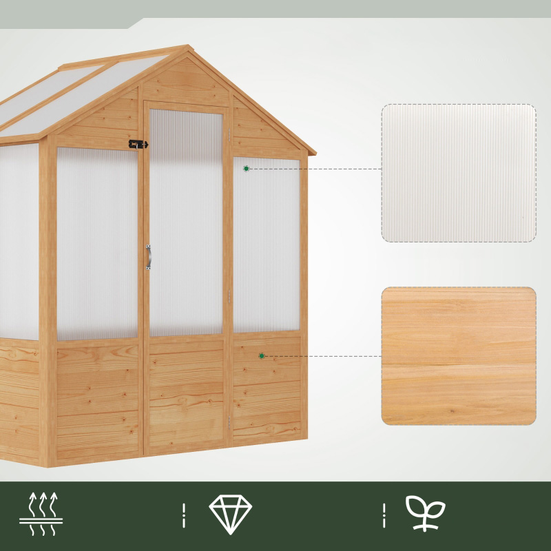 6' x 4' x 7' Wooden Greenhouse, Walk-in Green House, Outdoor Polycarbonate Greenhouse with Door, Natural