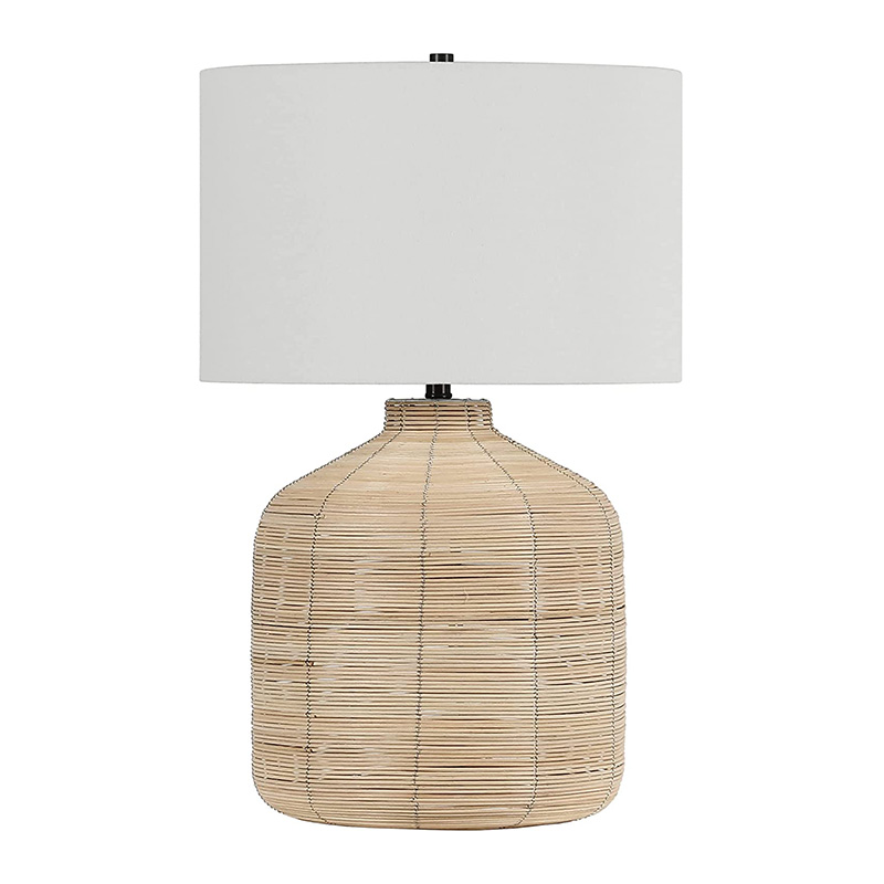 26.5' Tall Oversized/Rattan Table Lamp with Fabric Shade in Natural Rattan/Brass /White