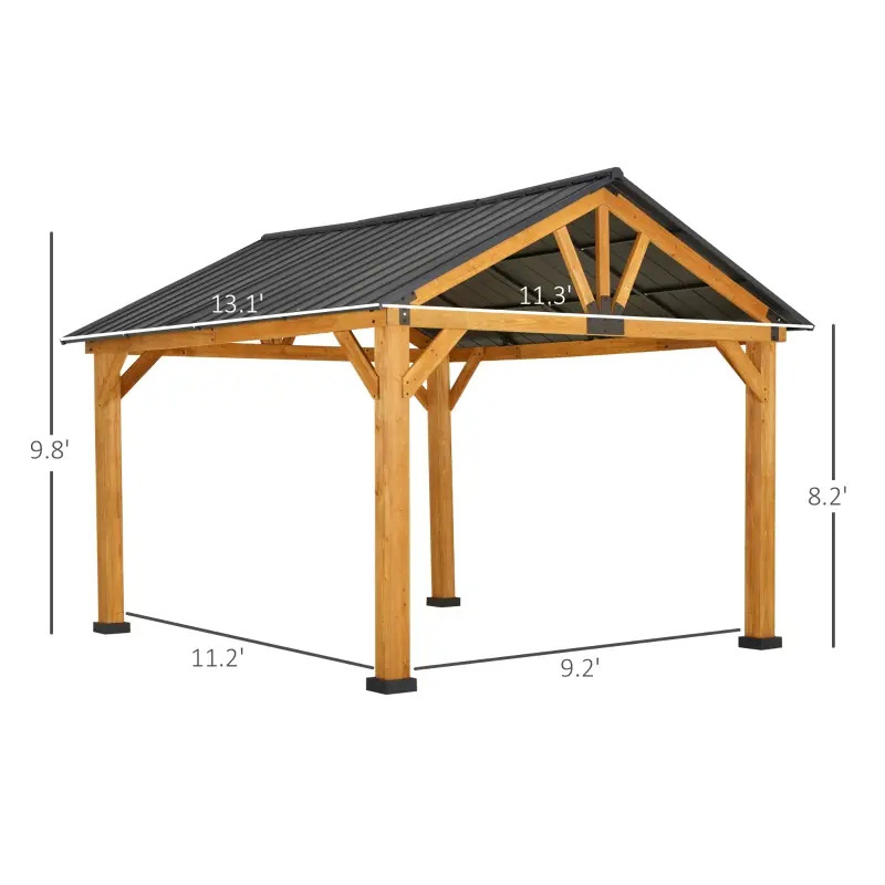 11x13 Hardtop Gazebo with Wooden Frame, Permanent Metal Roof Gazebo Canopy with Ceiling Hook for Garden, Patio, Backyard