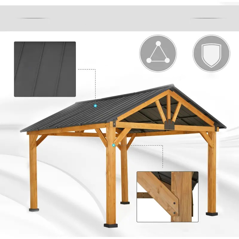 11x13 Hardtop Gazebo with Wooden Frame, Permanent Metal Roof Gazebo Canopy with Ceiling Hook for Garden, Patio, Backyard