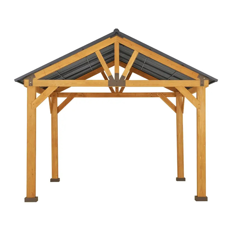 11x13 Hardtop Gazebo with Wooden Frame, Permanent Metal Roof Gazebo Canopy with Ceiling Hook for Garden, Patio, Backyard
