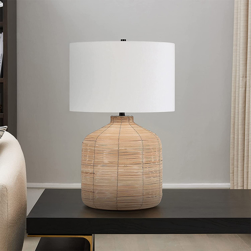 26.5' Tall Oversized/Rattan Table Lamp with Fabric Shade in Natural Rattan/Brass /White