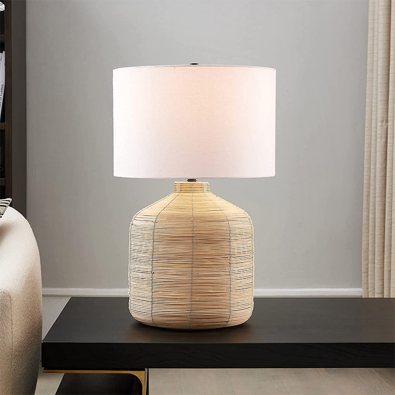 26.5' Tall Oversized/Rattan Table Lamp with Fabric Shade in Natural Rattan/Brass /White