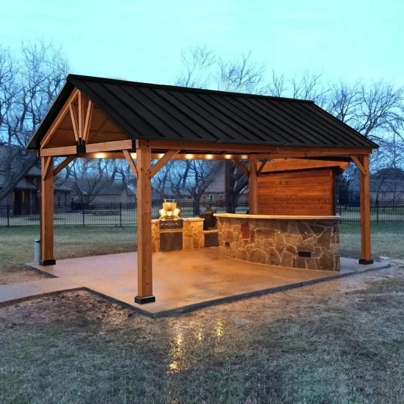 11x13 Hardtop Gazebo with Wooden Frame, Permanent Metal Roof Gazebo Canopy with Ceiling Hook for Garden, Patio, Backyard