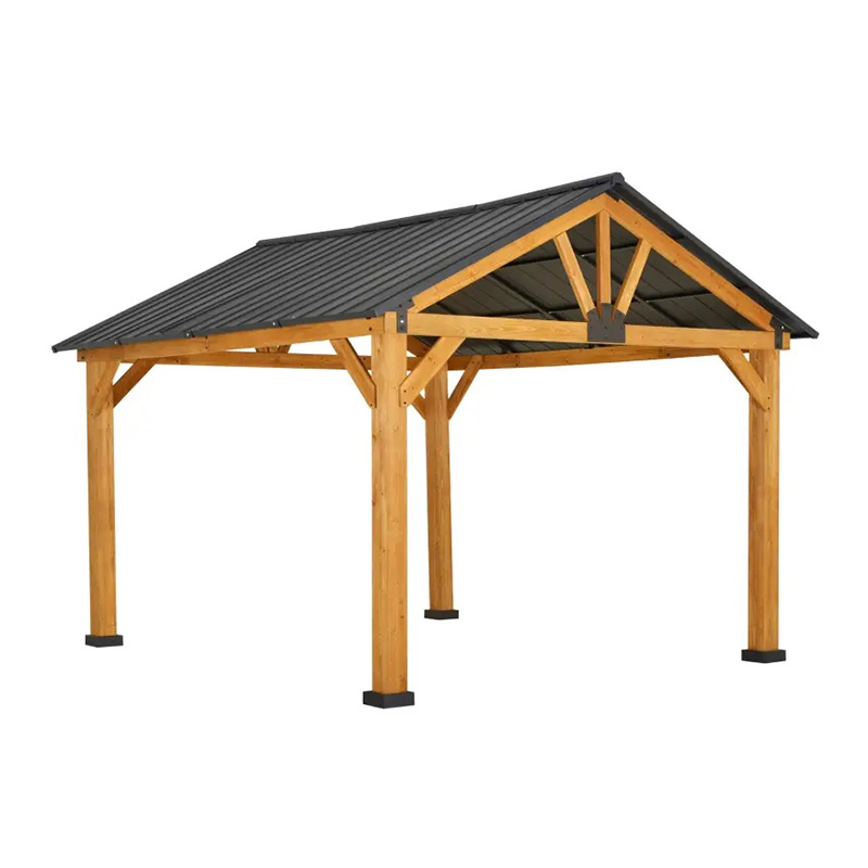 11x13 Hardtop Gazebo with Wooden Frame, Permanent Metal Roof Gazebo Canopy with Ceiling Hook for Garden, Patio, Backyard