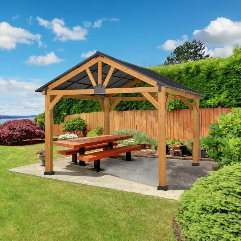 11x13 Hardtop Gazebo with Wooden Frame, Permanent Metal Roof Gazebo Canopy with Ceiling Hook for Garden, Patio, Backyard