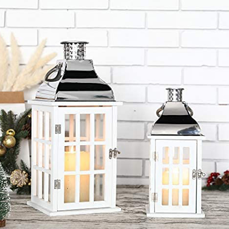 Set of 2 White Wood Decorative Candle Lanterns 18'&12' High Wood Lanterns for Indoor Outdoor Events Parities and Weddings Vintage Style Hanging Lantern (White Wood, Silver Stainless Steel)