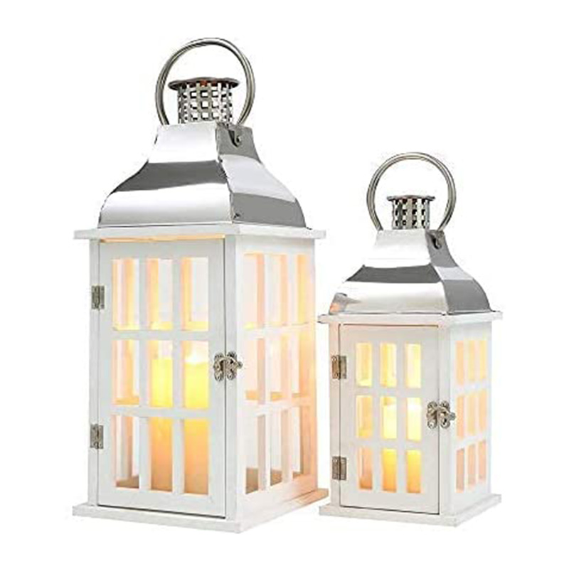 Set of 2 White Wood Decorative Candle Lanterns 18'&12' High Wood Lanterns for Indoor Outdoor Events Parities and Weddings Vintage Style Hanging Lantern (White Wood, Silver Stainless Steel)