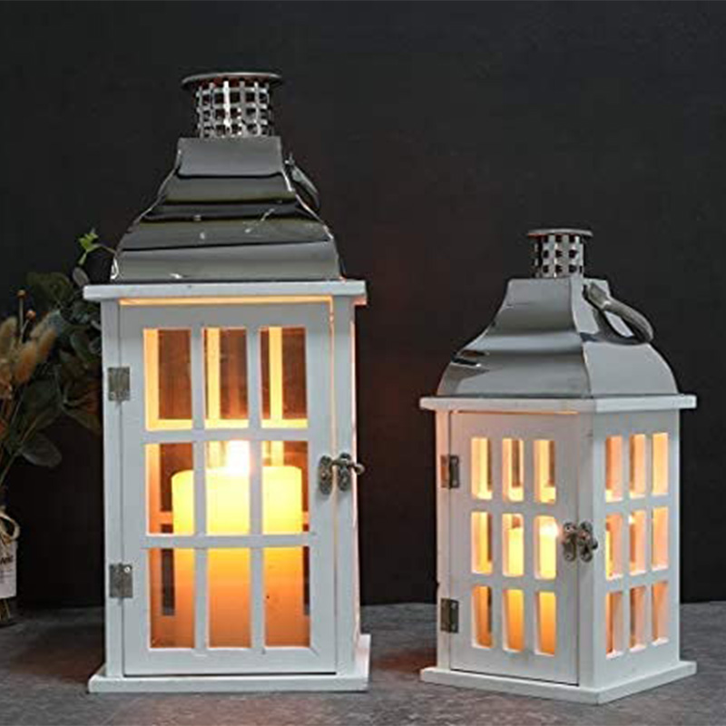 Set of 2 White Wood Decorative Candle Lanterns 18'&12' High Wood Lanterns for Indoor Outdoor Events Parities and Weddings Vintage Style Hanging Lantern (White Wood, Silver Stainless Steel)