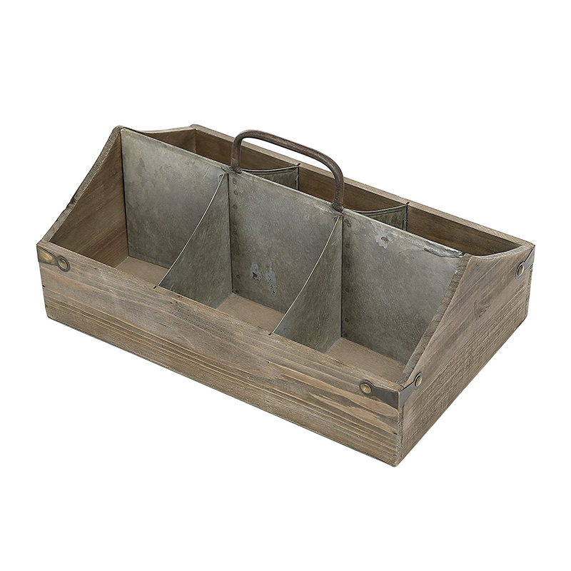 Vintage Wood Storage Organizer Caddy with 6 Compartments, Decorative Crate with Galvanized Zinc Metal Dividers and Handle