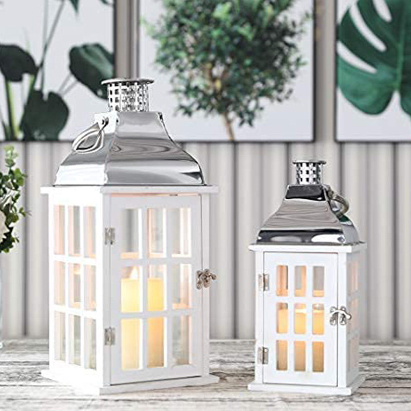 Set of 2 White Wood Decorative Candle Lanterns 18'&12' High Wood Lanterns for Indoor Outdoor Events Parities and Weddings Vintage Style Hanging Lantern (White Wood, Silver Stainless Steel)