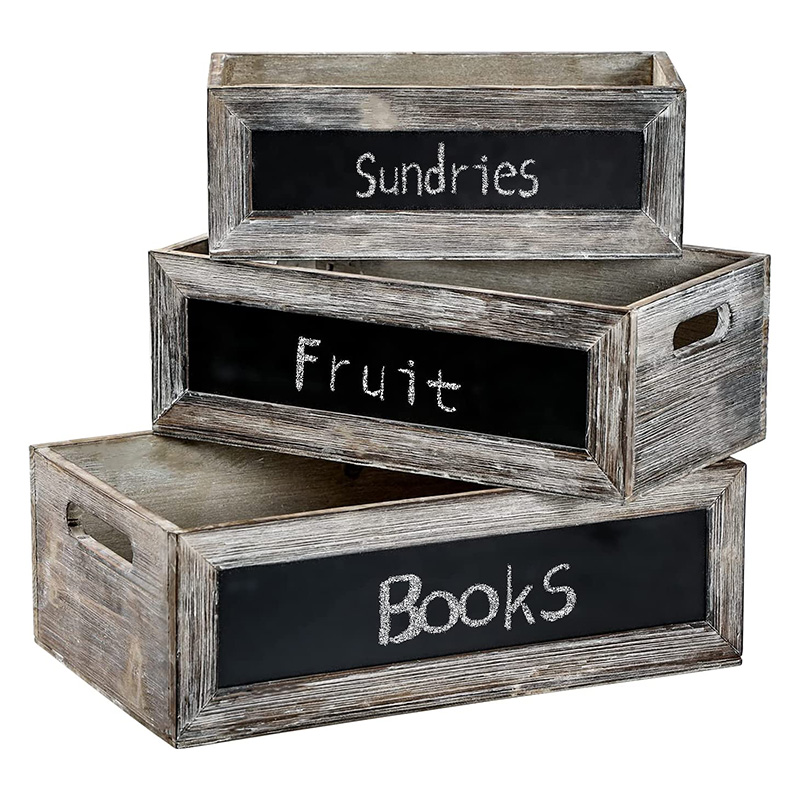 Rustic Wood Nesting Crates with Chalkboard Front Panel and Cutout Handles, Decorative Nesting Wood Box for Storage, Organization and Display, Set of 3, Different Size