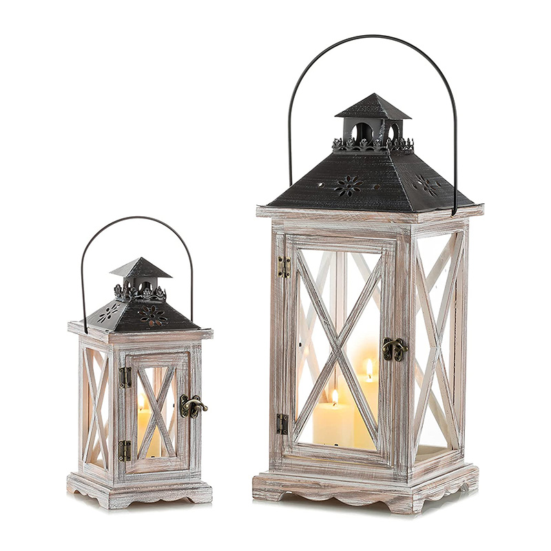 Set of 2 White Wood Decorative Candle Lanterns 18'&12' High Wood Lanterns for Indoor Outdoor Events Parities and Weddings Vintage Style Hanging Lantern (White Wood, Silver Stainless Steel)