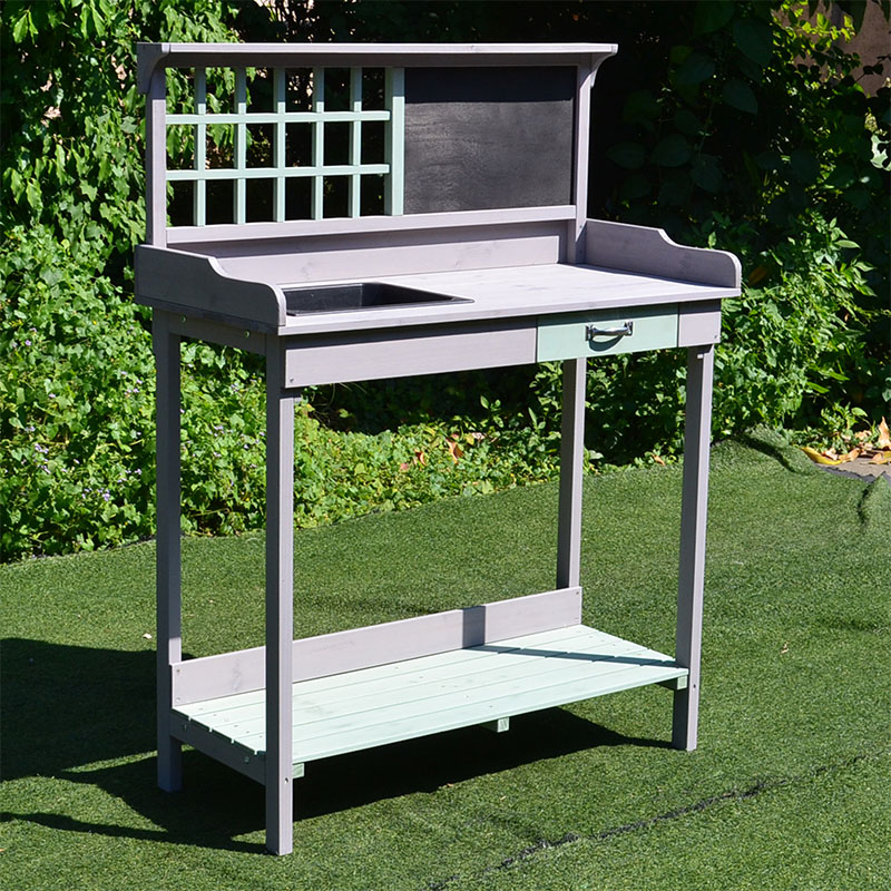 Outdoor Wooden Potting Bench Table with Removable Sink, Garden Work Station with Chalkboard, Drawer, Open Shelf Storage