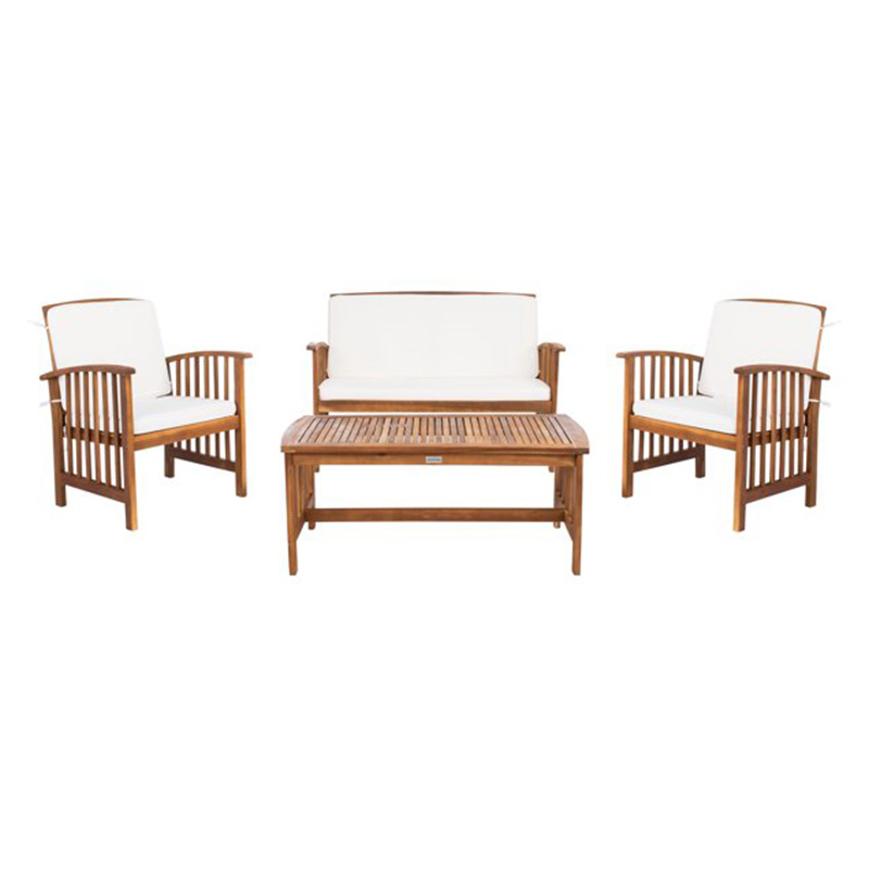 4 Piece Acacia Wood Outdoor Patio Furniture Set with 2 Armchairs, 1 Sofa, & 1 Coffee Table, Cushions Included