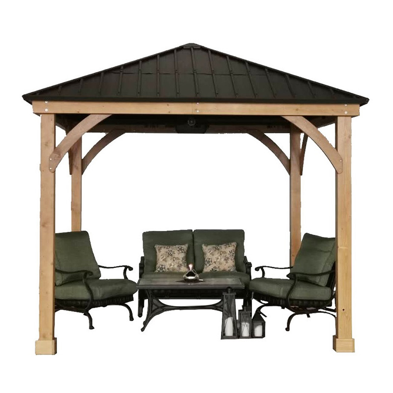 11x13 Hardtop Gazebo with Wooden Frame, Permanent Metal Roof Gazebo Canopy with Ceiling Hook for Garden, Patio, Backyard