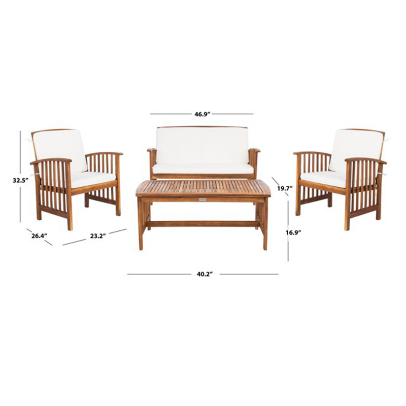 4 Piece Acacia Wood Outdoor Patio Furniture Set with 2 Armchairs, 1 Sofa, & 1 Coffee Table, Cushions Included