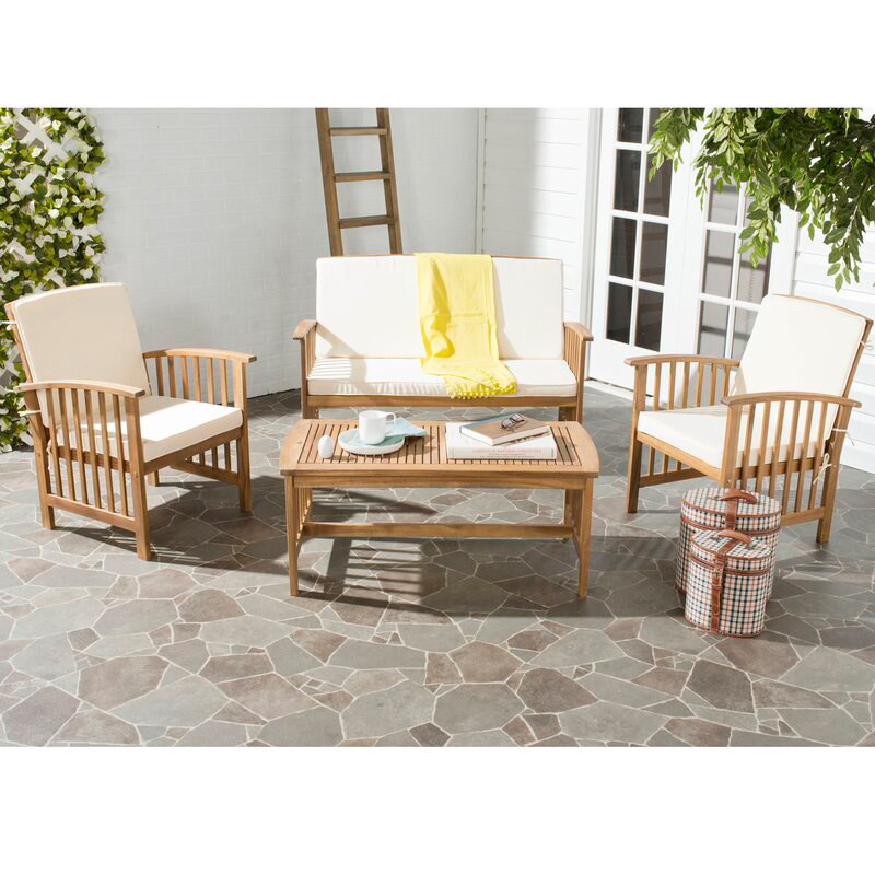 4 Piece Acacia Wood Outdoor Patio Furniture Set with 2 Armchairs, 1 Sofa, & 1 Coffee Table, Cushions Included