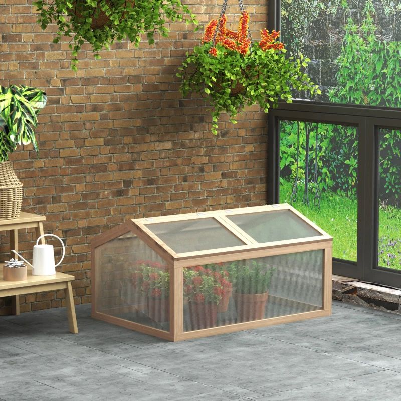 Raised Garden Flower Bed Kit w/ Greenhouse, Wooden Cold Frame Planter, Natural