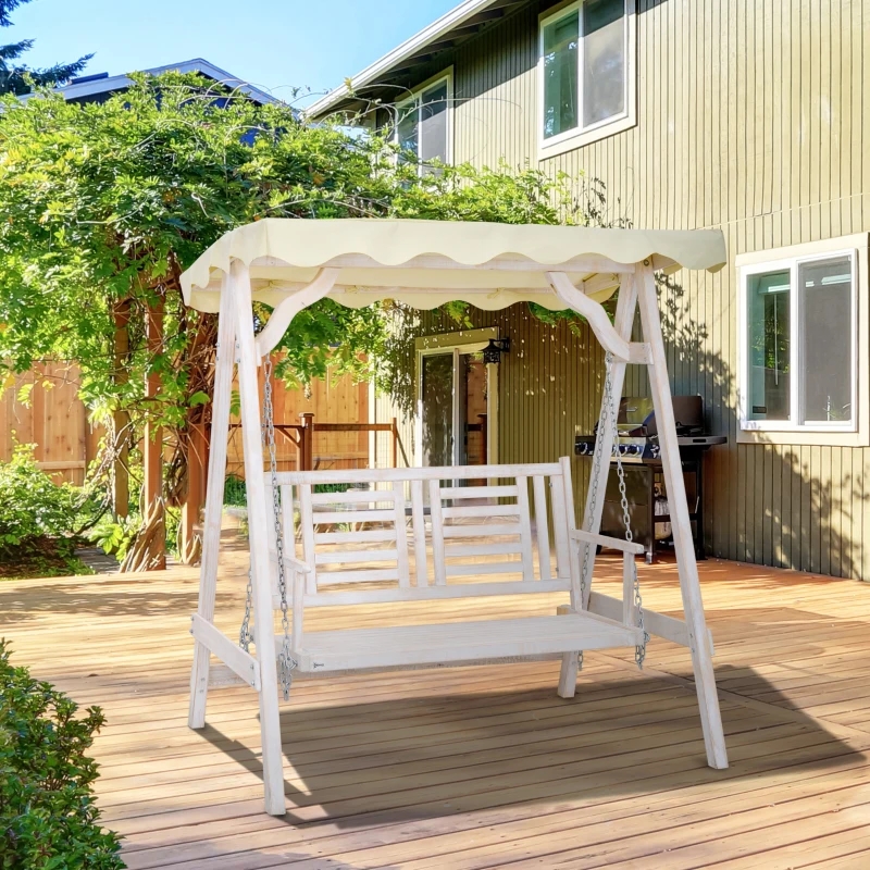 2-Person Outdoor Swing Porch Swing with Wooden Stand, Strong A-Frame Design, & Adjustable Water-Fighting Canopy