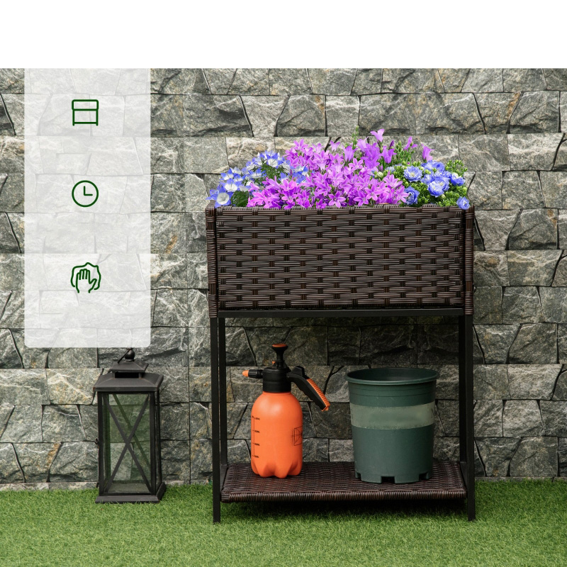 Indoor/Outdoor Rattan Flower Planter Box with Tool Storage Rack Below and Sturdy Elevated Work Area 28' H