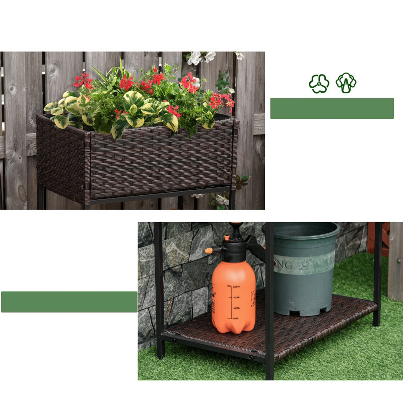 Indoor/Outdoor Rattan Flower Planter Box with Tool Storage Rack Below and Sturdy Elevated Work Area 28' H