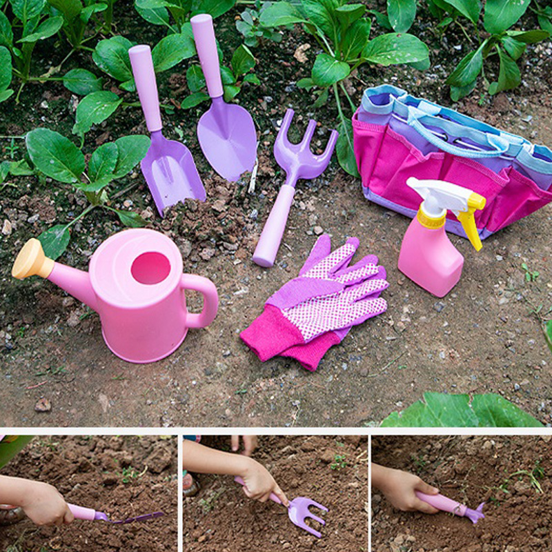 Pink And Purple Garden Tool Set for Girls with Gloves Tool Bag Watering Can