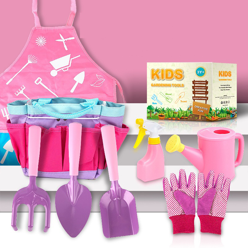 Pink And Purple Garden Tool Set for Girls with Gloves Tool Bag Watering Can